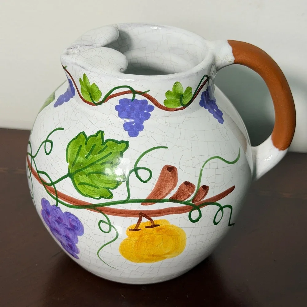 Vintage Portugal Hand Painted Ceramic Pitcher Grape Vine Crackle Glaze Vase